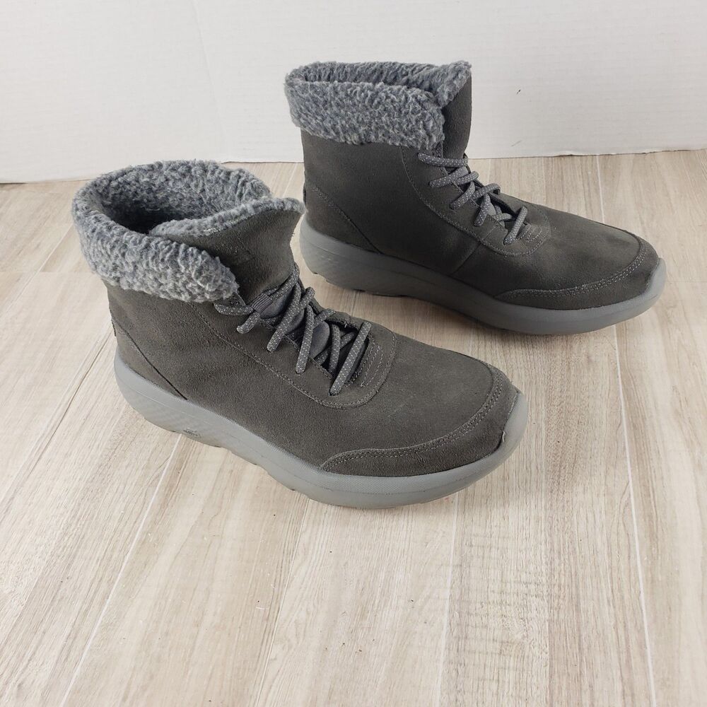 Skechers On The Go Winter Chill Women’s 7.5 Gray Suede Faux Fur Boots 14611